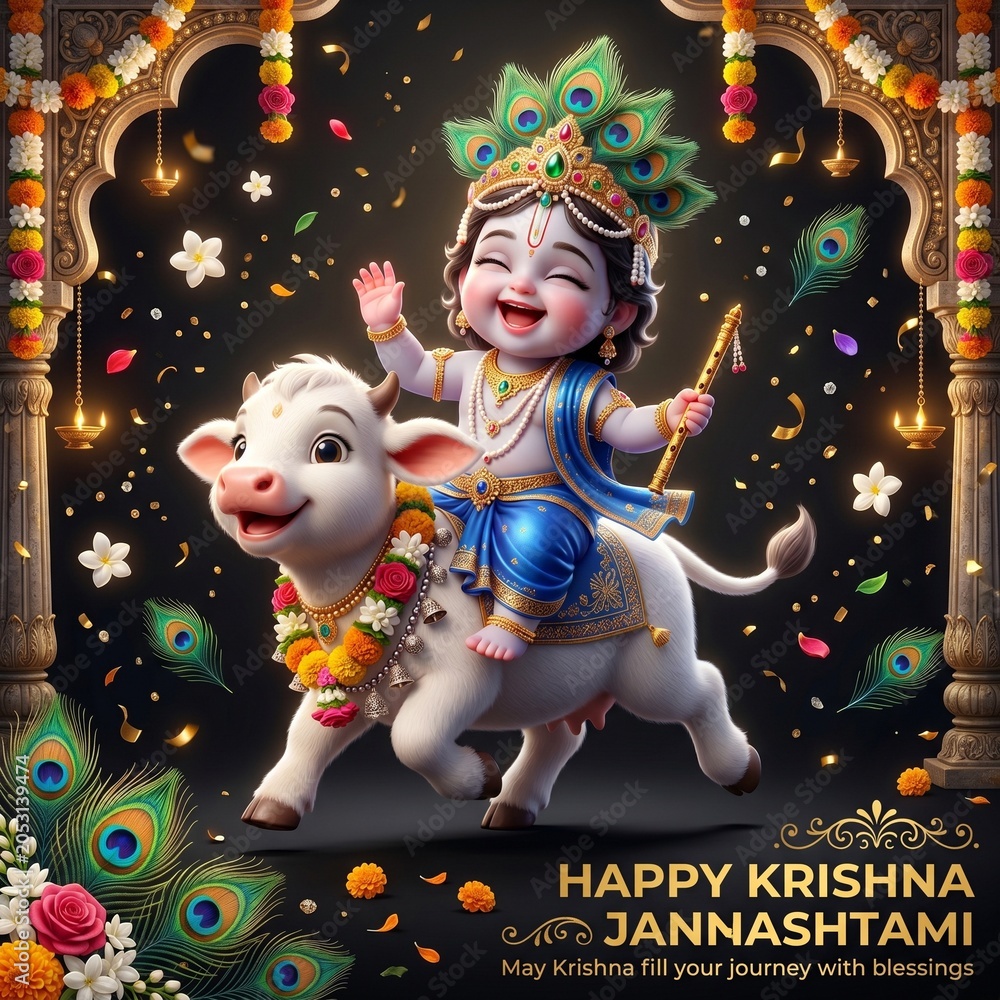 Fototapeta premium Happy krishna janmashtami celebration greeting card featuring a joyful baby deity riding a sacred white calf surrounded by traditional peacock feathers and festive floral decorations on dark