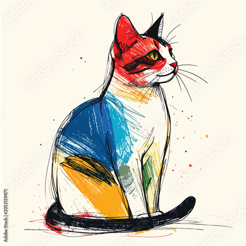 Artistic illustration of a colorful calico cat sitting calmly.