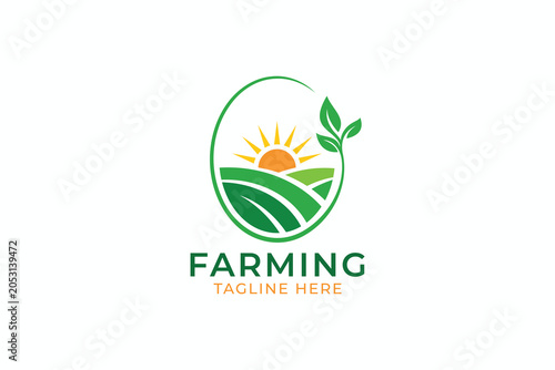 Modern Sunrise Farmland Plantation Logo Design with Leaf Circle Agriculture Field Vector Template