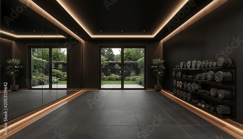 Modern luxury home gym interior with dark walls, large mirrors, dumbbell rack, and sliding glass doors opening to a lush green garden view