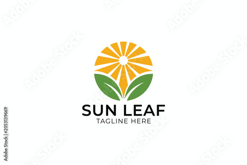 Modern Sun Leaf Fresh Morning Logo Design with Circle Vector Template