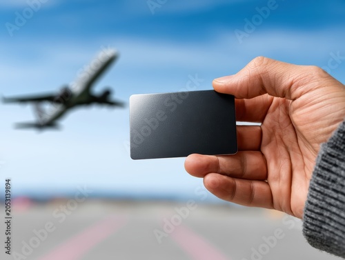 Man's hand holds premium black card near commercial aircraft taking off against vivid blue sky