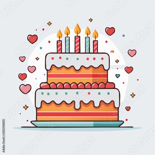 Two-Tier Birthday Cake with Candles and Hearts