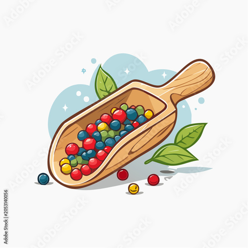 Wooden Scoop Filled with Colorful Berries and Leaves