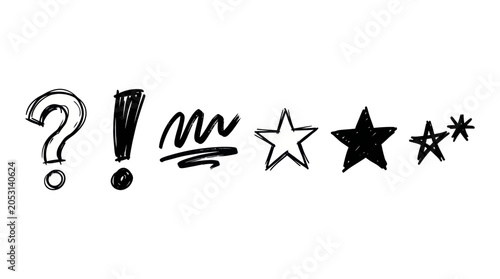 Konstfotografi Hand-drawn question mark, exclamation mark, scribble, and stars on white backgro