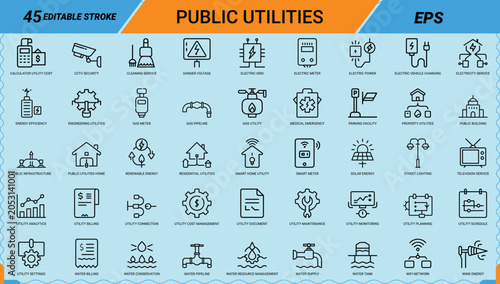 Public utilities energy line art icons set, electric grid, solar energy, renewable energy, smart meter, gas pipeline, wifi, Web icon, App icon, Outline icon, Editable stroke, line art, Vector EPS