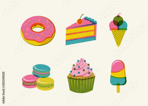 Colorful Dessert Elements in Retro Risograph Vector Style