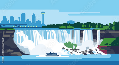 Foto Niagara Falls Flat Design Illustration with City Skyline and Tour Boat