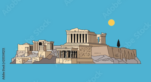 Parthenon Acropolis Athens Greece Ancient Landmark Flat Design