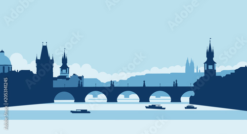 Prague Skyline Silhouette: Vltava River, Charles Bridge, Old Town Architecture