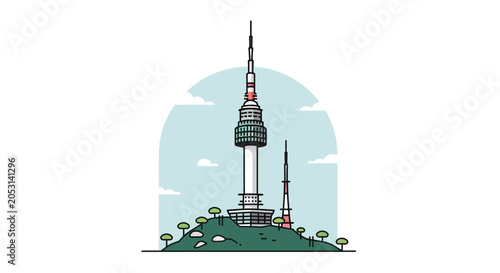 Seoul Tower Landmark Illustration - Flat Design Vector Art