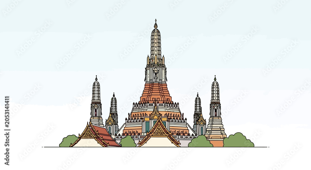 Obraz premium Wat Arun Temple Bangkok Thailand Architecture Landmark Sketch Style