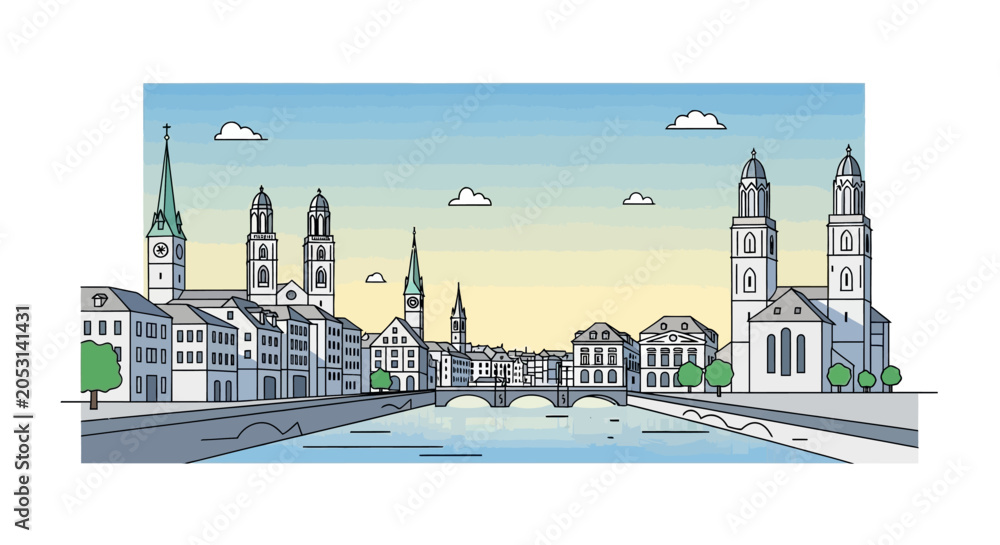 Εκτύπωση καμβά Zurich skyline illustration, Limmat river, historic buildings, bridges, city vie