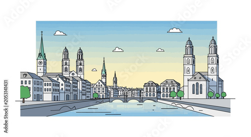 Photos Zurich skyline illustration, Limmat river, historic buildings, bridges, city vie