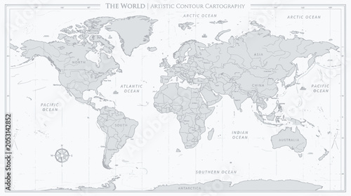 Bild auf Leinwand World Map - Artistic Contour Cartography with Compass Rose