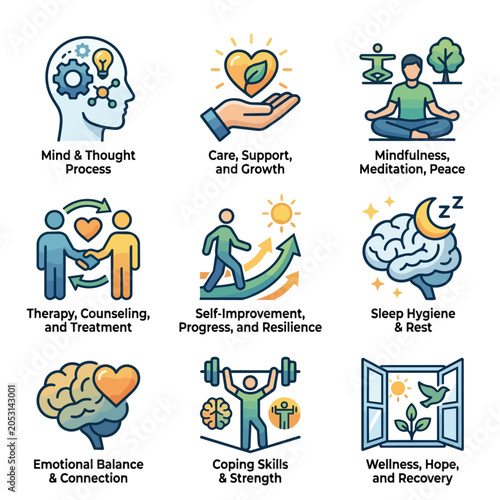 Mental Health and Wellness Icons Set.