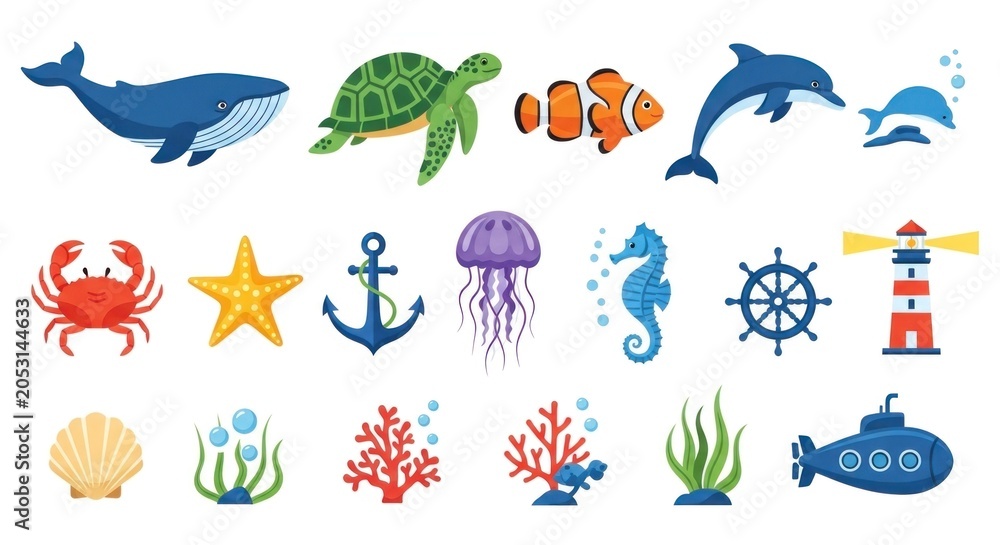 Obraz premium A colorful underwater scene with a variety of marine life, including a whale, turtle, fish, dolphin, starfish, jellyfish, seahorse, crab, anchor, lighthouse, and submarine.