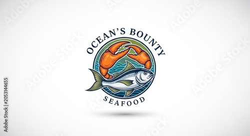 A colorful illustration of a fish and a crab in a circular frame, set against a watercolor background with waves and a sky.