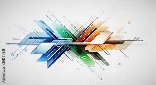A colorful abstract design with geometric shapes and lines on a white background.