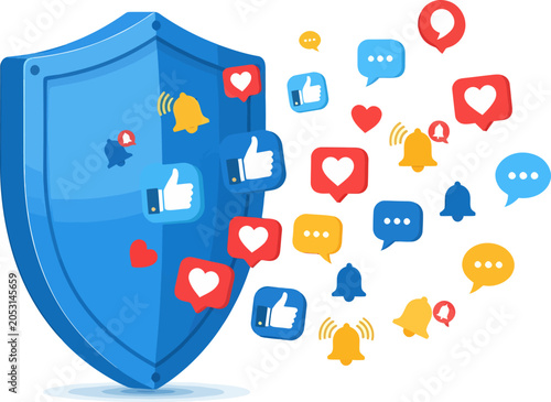 Fotografie Shield symbol protects social media icons including hearts and notification bells against digital security threats