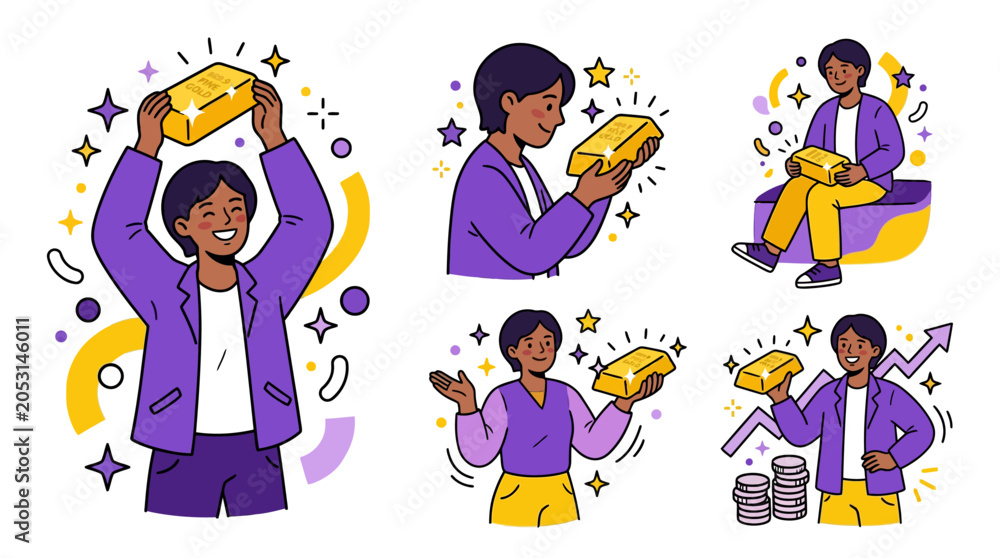 Fototapeta premium Woman Holding Gold Bars, Financial Success and Investment Concept, Vector Illustration
