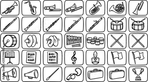 Photography Music Instruments and Marching Band Line Art Doodle Icon Set - Black and White O