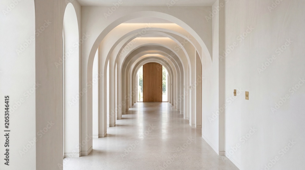 Fototapeta premium Symmetrical white arched hallway with soft natural lighting and minimalist architectural design