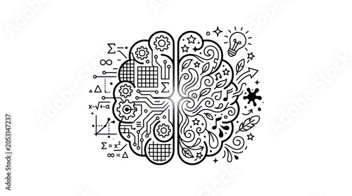 Left Brain Logic vs. Right Brain Creativity - Conceptual Illustration