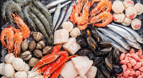 A variety of seafood displayed on a black surface, including shrimp, clams, mussels, and other seafood items.