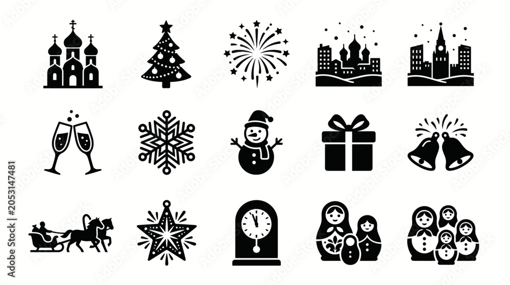 Obraz premium Collection of black and white Christmas and New Year holiday icons.