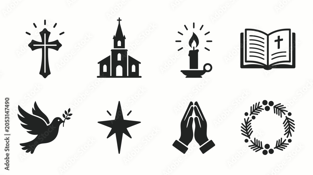 Fototapeta premium Collection of Christian religious symbols including cross, church, candle, bible, dove, star, praying hands, and wreath.