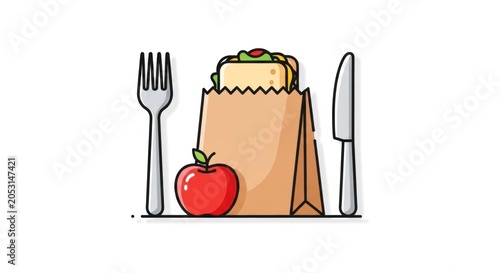 A paper bag with a sandwich and an apple inside, placed on a white background with a fork and knife to the left and an apple to the right.