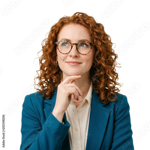 Woman with red curly hair wearing glasses thinking on a transparent background PNG file