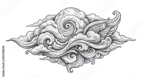 Fotografía Dreamy Cloud Formation with Swirl and Wing Element, Hand-Drawn Illustration