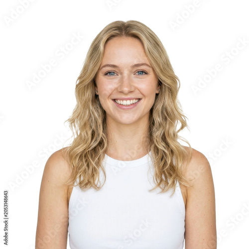 Young woman with blonde hair smiling on a transparent background PNG image