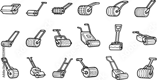 Φωτογραφία Black and White Line Art Icons of Various Lawn Rollers and Garden Rollers for La