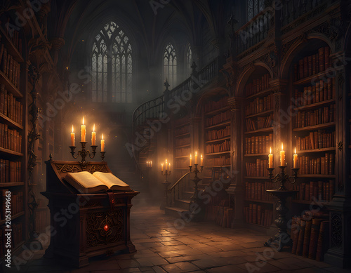 An atmospheric gothic library filled with towering bookshelves and illuminated by warm candlelight. An open book rests on an ornate wooden lectern in the foreground.