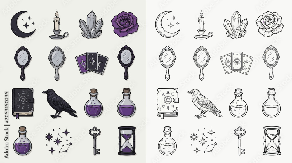Obraz premium Collection of occult and mystical symbols in color and outline versions, including moon, candle, crystals, rose, mirror, tarot cards, raven, potion, book, key, hourglass, and stars.