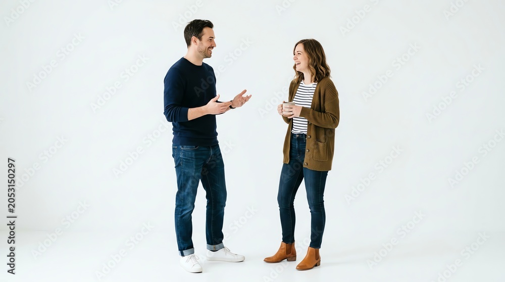 Fototapeta premium Young Man and Woman Engaged in Conversation on White Background.