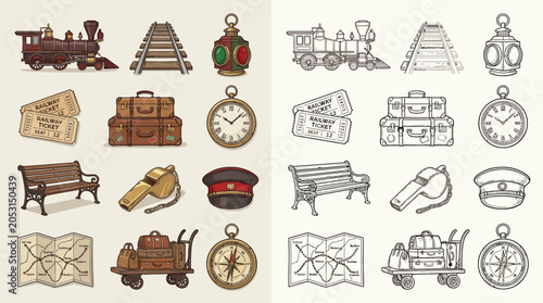 Foto Collection of vintage train travel icons and illustrations, including locomotives, tracks, luggage, and maps