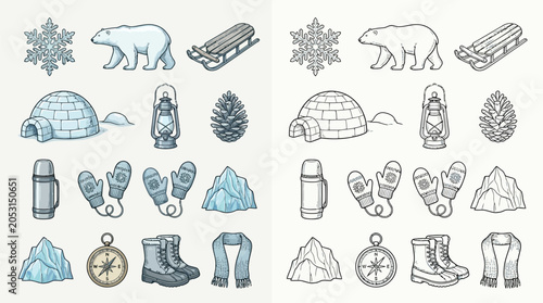 фотографія Collection of winter icons and illustrations, including a polar bear, igloo, snowflake, and winter clothing