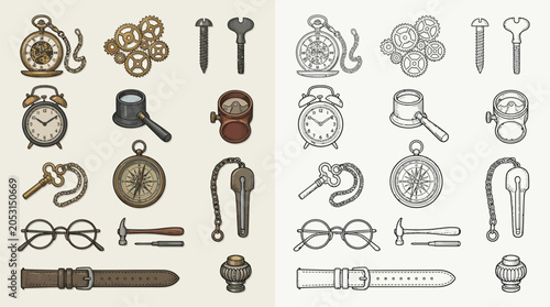 Fotografía Collection of vintage steampunk style objects and tools, including pocket watches, gears, alarm clocks, compasses, glasses, and watch straps