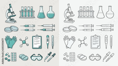 Fotografía Set of medical and scientific equipment icons, including microscope, test tubes, flasks, petri dishes, syringes, gloves, pills, and safety glasses