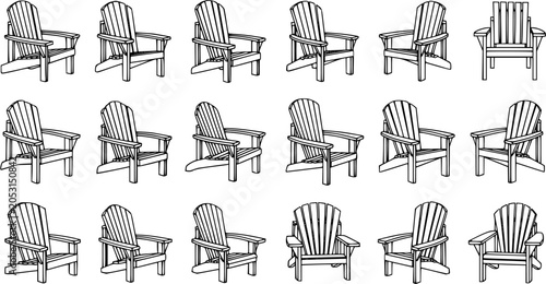 Bild auf Leinwand Black and White Line Art Illustration of Adirondack Chairs, Vector Stock Asset