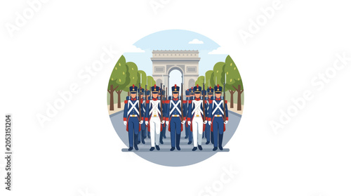 Foto French Soldiers Marching Past Arc de Triomphe, Paris - Historical Illustration