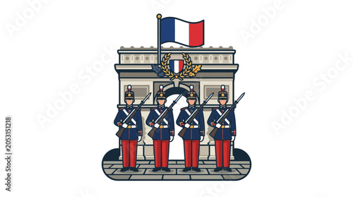 Vászonkép French Republican Guard Monument with Tricolor Flag and Soldiers