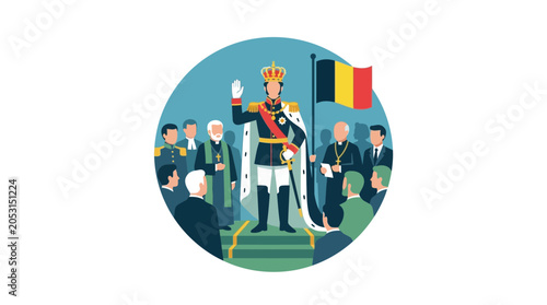 Bild auf Leinwand King's Inauguration Ceremony - Belgian Monarch Ascends Throne with Flag