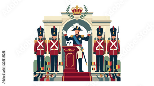 Schilderij op canvas Monarch Addressing Crowd From Ornate Podium with Royal Guard