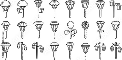 Foto Black and White Line Art Collection of Various Outdoor Garden Path Lights and La