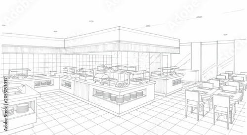Foto Detailed architectural sketch of a modern buffet restaurant interior